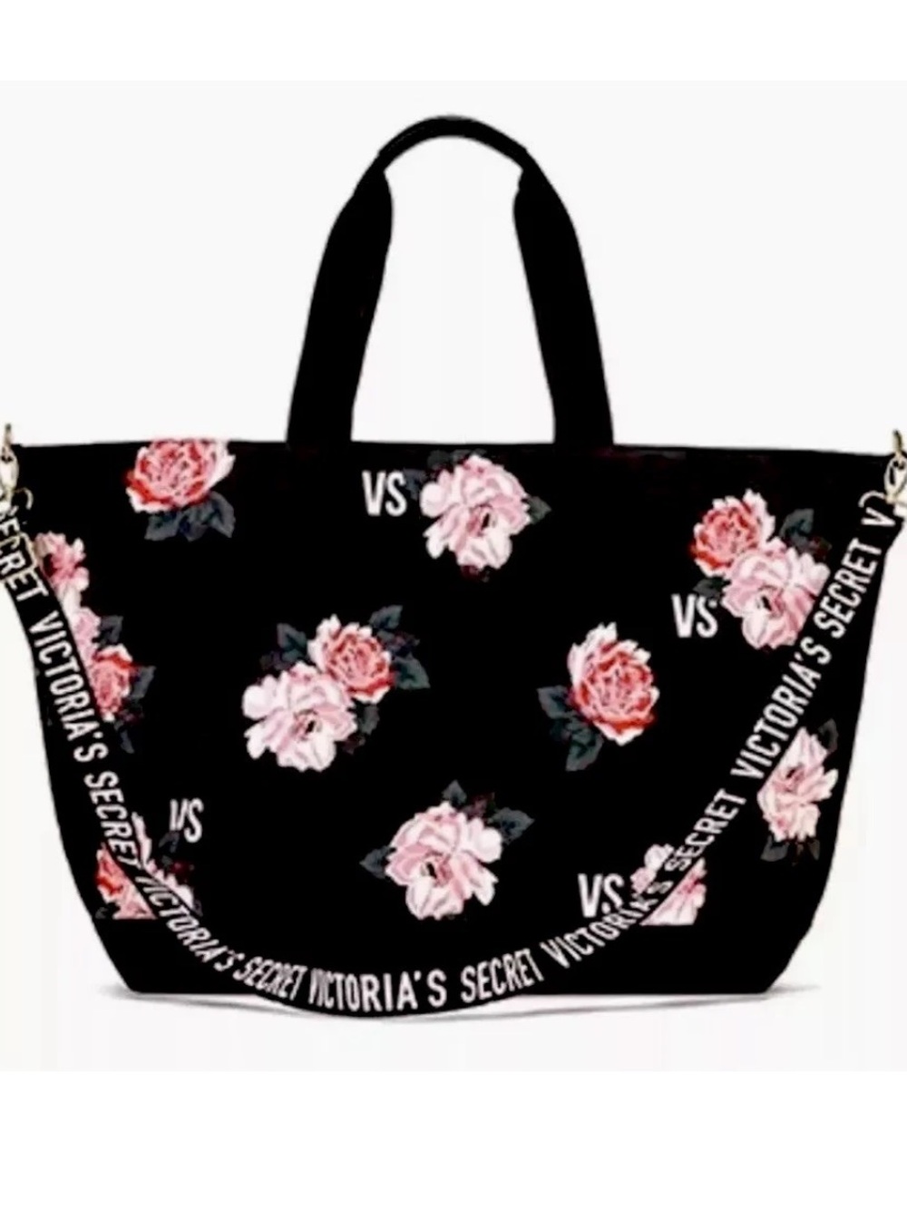 Victoria's Secret Black Floral Weekender/Tote/Beach/Duffle Bag NWT